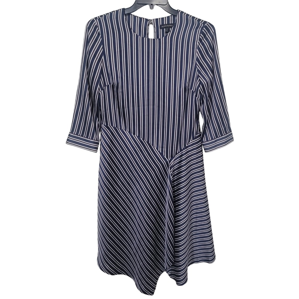 Banana Republic Size 10 Striped Midi Dress Womens Asymmetrical 3/4 Sleeve Navy
